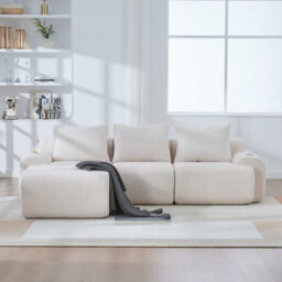 Btm 3 Seater Modular Corduroy Sofa With Ottomans, Configurable Sofa, Cup Holders And Side Storage Pockets, Beige - thumbnail 4