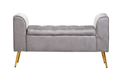 Orsina Grey Velvet Bench With Gold Finish Legs, Comfy Padded Seat Velvet Seat, Built To Last Bedroom Bench - image 1