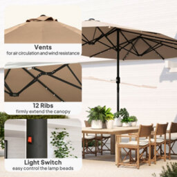 Outsunny 4.4M Double-Sided Sun Umbrella Patio Parasol Solar Lights Khaki - thumbnail 5