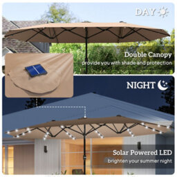 Outsunny 4.4M Double-Sided Sun Umbrella Patio Parasol Solar Lights Khaki - thumbnail 4