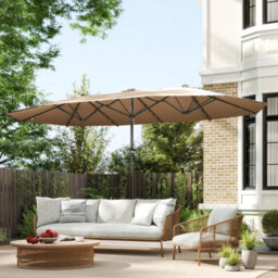 Outsunny 4.4M Double-Sided Sun Umbrella Patio Parasol Solar Lights Khaki - thumbnail 8