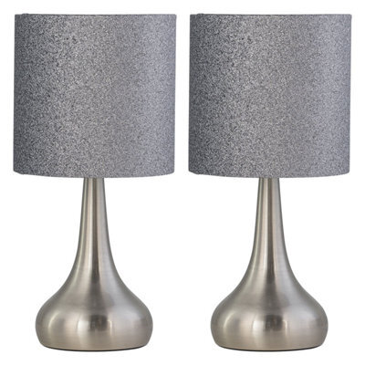 First Choice Lighting Set Of 2 Romana - Brushed Chrome Touch Operated Table Lamps Bedside Lights Glitter Shade - image 1