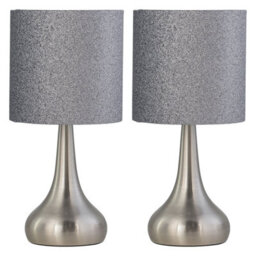 First Choice Lighting Set Of 2 Romana - Brushed Chrome Touch Operated Table Lamps Bedside Lights Glitter Shade