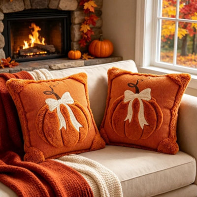 Amorly 2 Pack Embroidered Pumpkin Cushion Covers 45X45Cm,soft Fluffy Faux Fur Pillowcases,no Pillow Inserts,autumn&halloween Indoor Decor - image 1