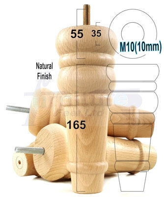 L&F 4 Replacement Furniture Feet Natural Turned Wooden Legs 165mm High Settee Chairs Sofas Footstools M10 (10mm) Tsp2071 - image 1