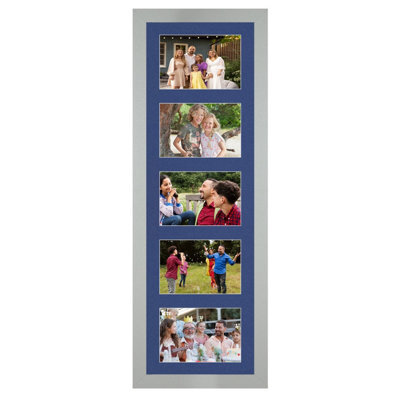 AK Frames 26X8 Light Grey Modern Multi Photo Frame With Blue Mount - Holds 5 Apertures (5X) 6X4 Photos - image 1