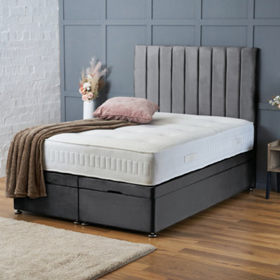 Bsspoke Ottoman Divan Bed In Grey Plush With 25Cm Orthopaedic Mattress & 54Inch Headboard End Lift Up Storage In 4Ft 5Ft 6Ft - image 1