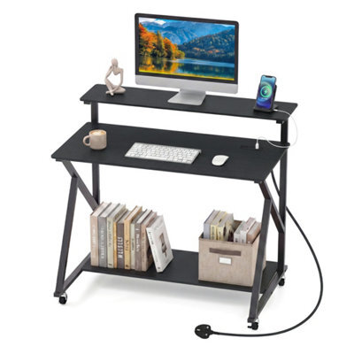 Black Mobile Gaming Writing Desk With Monitor Stand Power Outlets - image 1