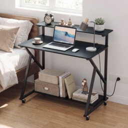 Black Mobile Gaming Writing Desk With Monitor Stand Power Outlets - thumbnail 6