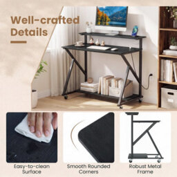 Black Mobile Gaming Writing Desk With Monitor Stand Power Outlets - thumbnail 3