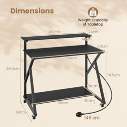Black Mobile Gaming Writing Desk With Monitor Stand Power Outlets - thumbnail 2