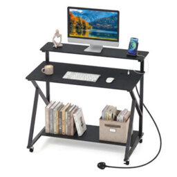 Black Mobile Gaming Writing Desk With Monitor Stand Power Outlets - thumbnail 1