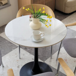 Fativo 76X78.5Cm Sintered Stone Marble Large Round Marble Dining Table Tulip Table Breakfast Black Leg Base Support