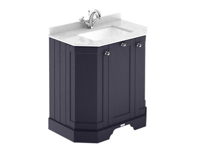 Hudson Reed Floor Standing 3-Door Angled Vanity Unit With 1 Tap Hole White Marble Top & Basin, Twilight Blue, 786X470mm - image 1