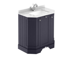 Hudson Reed Floor Standing 3-Door Angled Vanity Unit With 1 Tap Hole White Marble Top & Basin, Twilight Blue, 786X470mm
