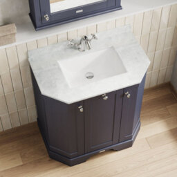 Hudson Reed Floor Standing 3-Door Angled Vanity Unit With 1 Tap Hole White Marble Top & Basin, Twilight Blue, 786X470mm - thumbnail 3