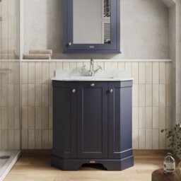 Hudson Reed Floor Standing 3-Door Angled Vanity Unit With 1 Tap Hole White Marble Top & Basin, Twilight Blue, 786X470mm - thumbnail 2