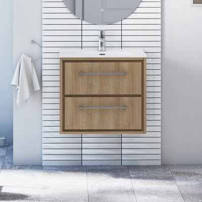 Royal Bathrooms Livora 600mm Natural Oak Wall Hung Bathroom Vanity Unit 2 Drawer Storage Cabinet With Ceramic Basin - image 1