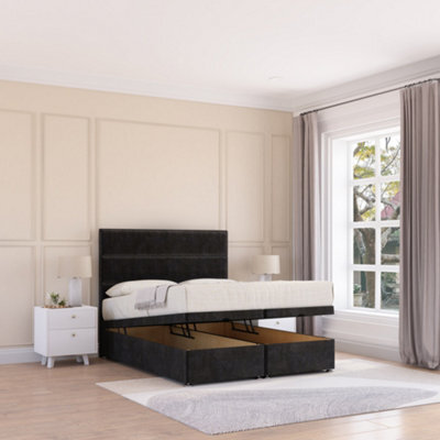 Sloomy Texas End Lift Ottoman Bed 2Ft6 With Sprung Memory Mattress - Black Plush & Headboard- Small Single - image 1