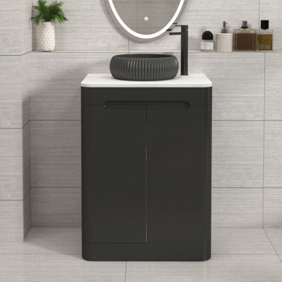Royal Bathrooms Venice 600mm Matt Nocturne Black Freestanding Bathroom Countertop Vanity Unit 2 Door With Milan Black Basin