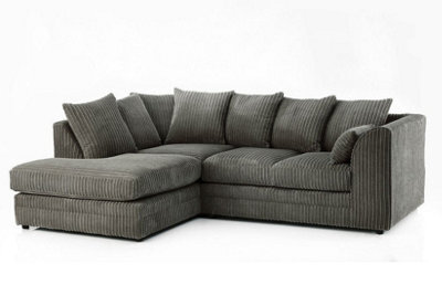 Grey Jumbo Cord L Shaped Corner Sofa Left Hand Deep Filled Cushions 4 Seater Fabric Sofa - Darnall
