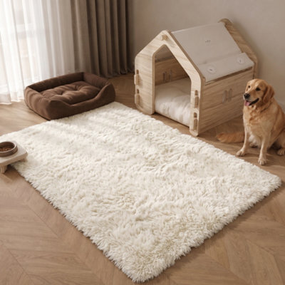 Oxford Homeware Shaggy Rug Anti-Slip Washable Soft Fluffy Living Room And Bedroom Rug (Cream, 60X110Cm) - image 1