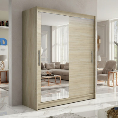 Westa Vi 150Cm Sliding Door Wardrobe With Mirror Modern Bedroom Storage With Hanging Rails And Shelves Sonoma Rgb Led Colorful - image 1