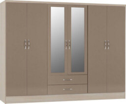 Seconique Nevada 6 Door 2 Drawer Mirrored Wardrobe In Oyster Gloss And Oak Effect Finish