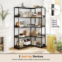 Gainoom 180Cm Oak Tall Corner Bookshelf 5-Tier L-Shaped Bookcase - thumbnail 9