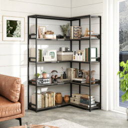 Gainoom 180Cm Oak Tall Corner Bookshelf 5-Tier L-Shaped Bookcase - thumbnail 3