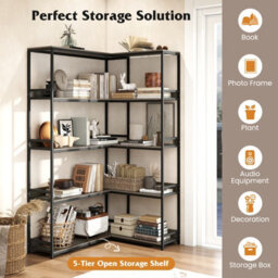 Gainoom 180Cm Oak Tall Corner Bookshelf 5-Tier L-Shaped Bookcase - thumbnail 6