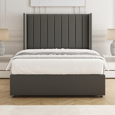Bsspoke Hannah Divan Bed Set Grey Plush Velvet 54Inch Wingedback Panel Headboard & Mattress No Drawers In 3Ft 4Ft 4Ft6 5Ft 6Ft - image 1