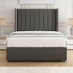 Bsspoke Hannah Divan Bed Set Grey Plush Velvet 54Inch Wingedback Panel Headboard & Mattress No Drawers In 3Ft 4Ft 4Ft6 5Ft 6Ft - thumbnail 1