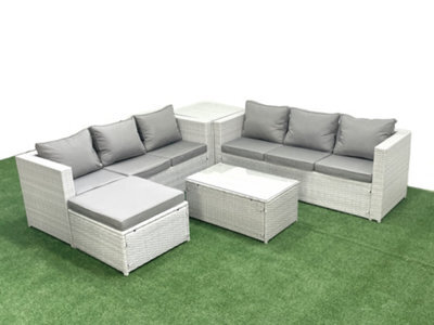 Fimous Garden Outdoor Pe Rattan Furniture Set 7 Seater Rattan Garden Sofa Set Big Stool Side Table Light Grey - image 1