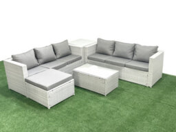 Fimous Garden Outdoor Pe Rattan Furniture Set 7 Seater Rattan Garden Sofa Set Big Stool Side Table Light Grey - thumbnail 2