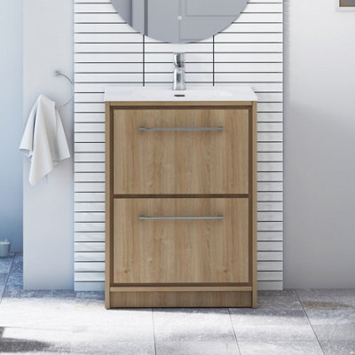 Royal Bathrooms Livora 600mm Natural Oak Floor Standing Bathroom Vanity Unit 2 Drawer Storage Cabinet With Ceramic Basin - image 1