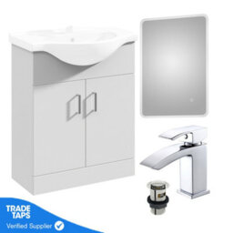 Gloss White 650mm Floor Standing 2-Door Vanity Unit & Round Basin With Square Chrome Tap And Black Frame Mirror - thumbnail 7