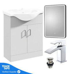 Gloss White 650mm Floor Standing 2-Door Vanity Unit & Round Basin With Square Chrome Tap And Black Frame Mirror - thumbnail 3