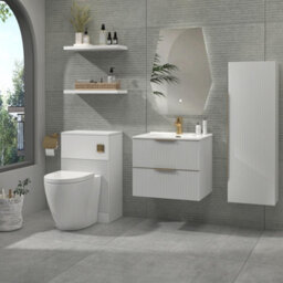 Royal Bathrooms Evora 700mm Matt White Fluted Wall Hung Bathroom Vanity Unit 2 Drawer With Ceramic Basin & Brushed Brass Handles - thumbnail 3