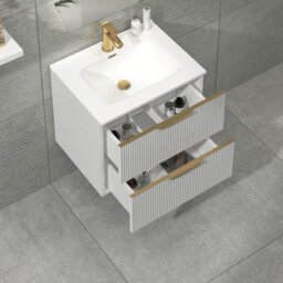Royal Bathrooms Evora 700mm Matt White Fluted Wall Hung Bathroom Vanity Unit 2 Drawer With Ceramic Basin & Brushed Brass Handles - thumbnail 4