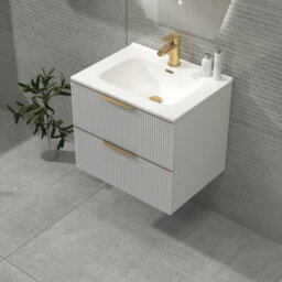 Royal Bathrooms Evora 700mm Matt White Fluted Wall Hung Bathroom Vanity Unit 2 Drawer With Ceramic Basin & Brushed Brass Handles - thumbnail 5