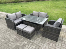 Fimous Rattan Garden Furniture Set Reclining Chair Love Sofa 2 Seater Sofa Set Outdoor Rectangular Dining Table 2 Stools - thumbnail 2