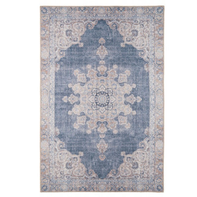 Loomed Denim Blue Vintage Medallion Anti Slip Washable Rug 200X290Cm - image 1