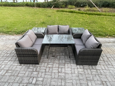 Fimous Rattan Garden Furniture Set 6 Seater Patio Outdoor Love Sofa Set With Rectangular Dining Table 2 Side Tables - image 1