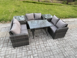 Fimous Rattan Garden Furniture Set 6 Seater Patio Outdoor Love Sofa Set With Rectangular Dining Table 2 Side Tables - thumbnail 2