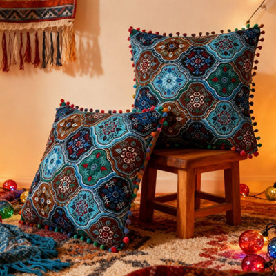 Living And Home Set Of Two Blue Exotic-Style Faux Linen Double-Sided Pattern Throw Pillows, 45Cm (W) X 45Cm (D) - image 1