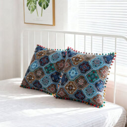 Living And Home Set Of Two Blue Exotic-Style Faux Linen Double-Sided Pattern Throw Pillows, 45Cm (W) X 45Cm (D) - thumbnail 3