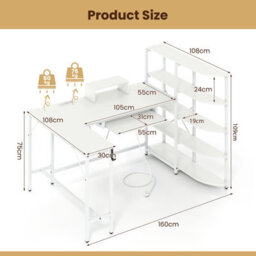 Costway L Shaped Desk Corner Computer Desk With Storage Shelves-White - thumbnail 2