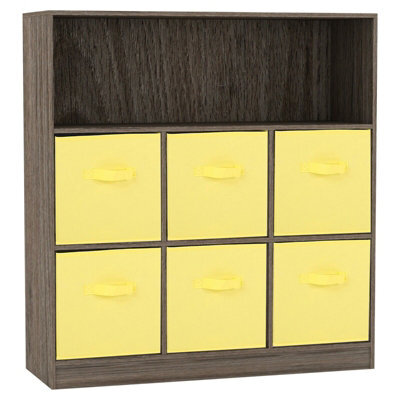 Urbn-Living Urbnliving Height 94Cm Wooden Wide Anthracite Oak 7 Cube Bookcase With Yellow 6 Drawers Baskets Storage Unit Shelves - image 1