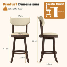 Costway 64Cm Counter Height Chairs Set Of 2 Swivel High Bar Stool-Brown - thumbnail 2